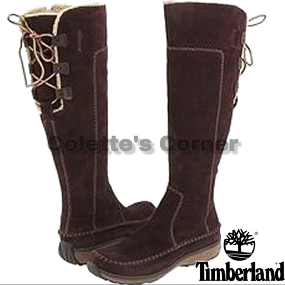 Timberland Tall Fauna Brown Suede Tan Moccasin Lace Up Low Wedge Sherling Boots - Picture 1 of 8
